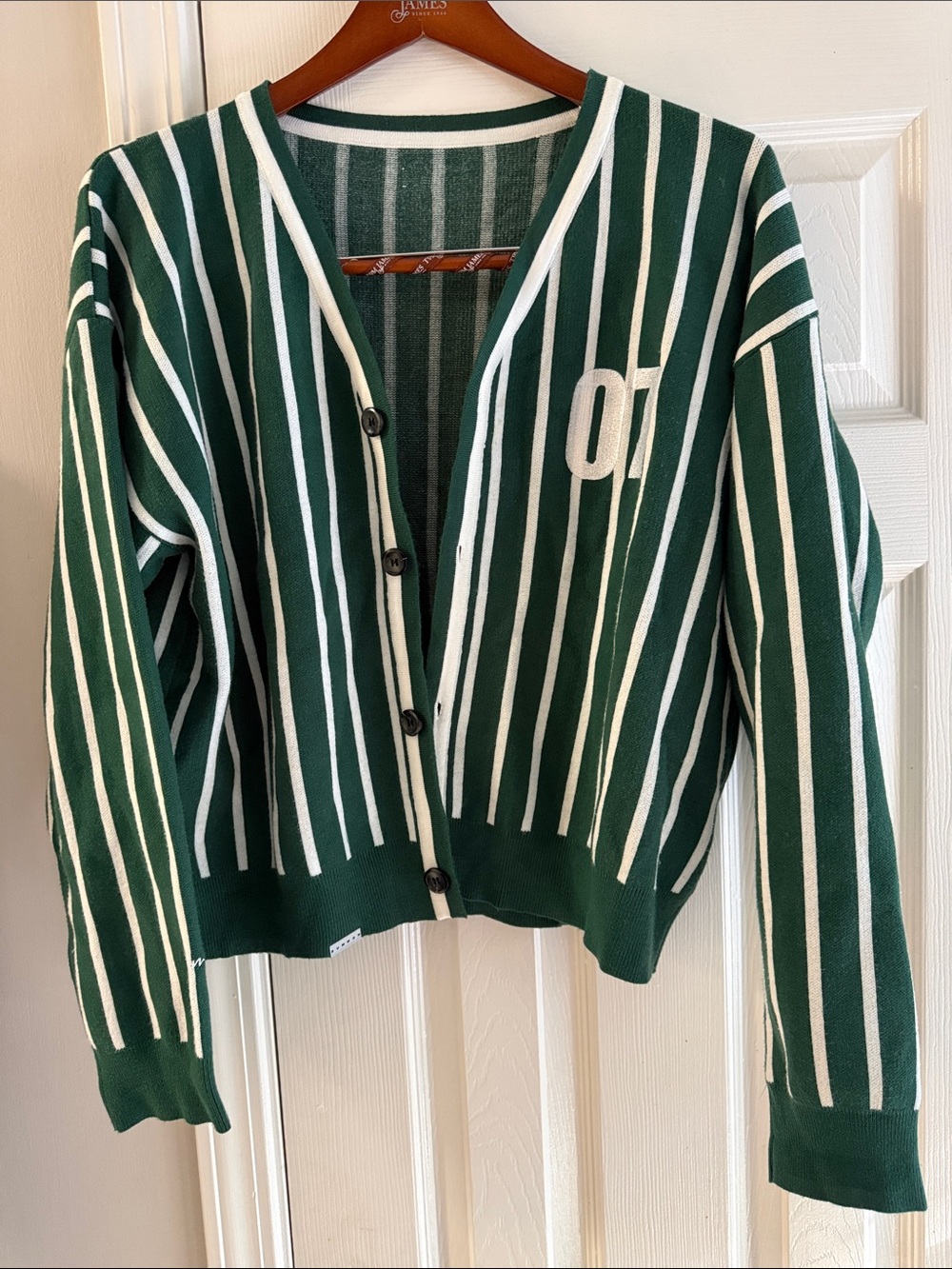 SUMWON Striped Green and White Cardigan Sweater with '07' Patch